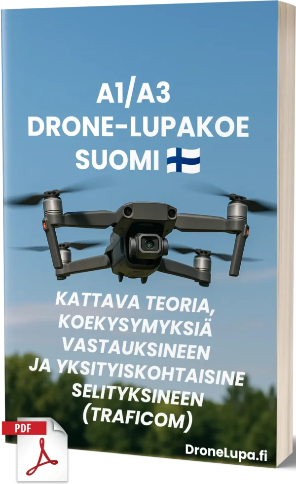 Suomen A1/A3 Drone-lupakoe – Kattava teoria, 500+ koetyylistä kysymystä ja vastausta yksityiskohtaisilla selityksillä