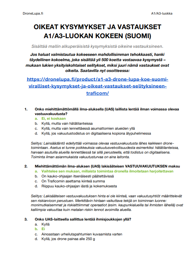 A1/A3 Drone Lupa Koe Suomi - Viralliset kysymykset ja oikeat vastaukset selityksineen (Traficom) - Image 2