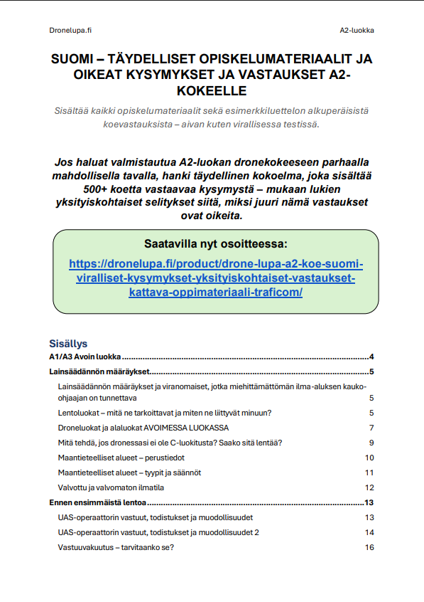 Drone Lupa A2 Koe Suomi – Viralliset kysymykset, yksityiskohtaiset vastaukset & kattava oppimateriaali (Traficom) - Image 2